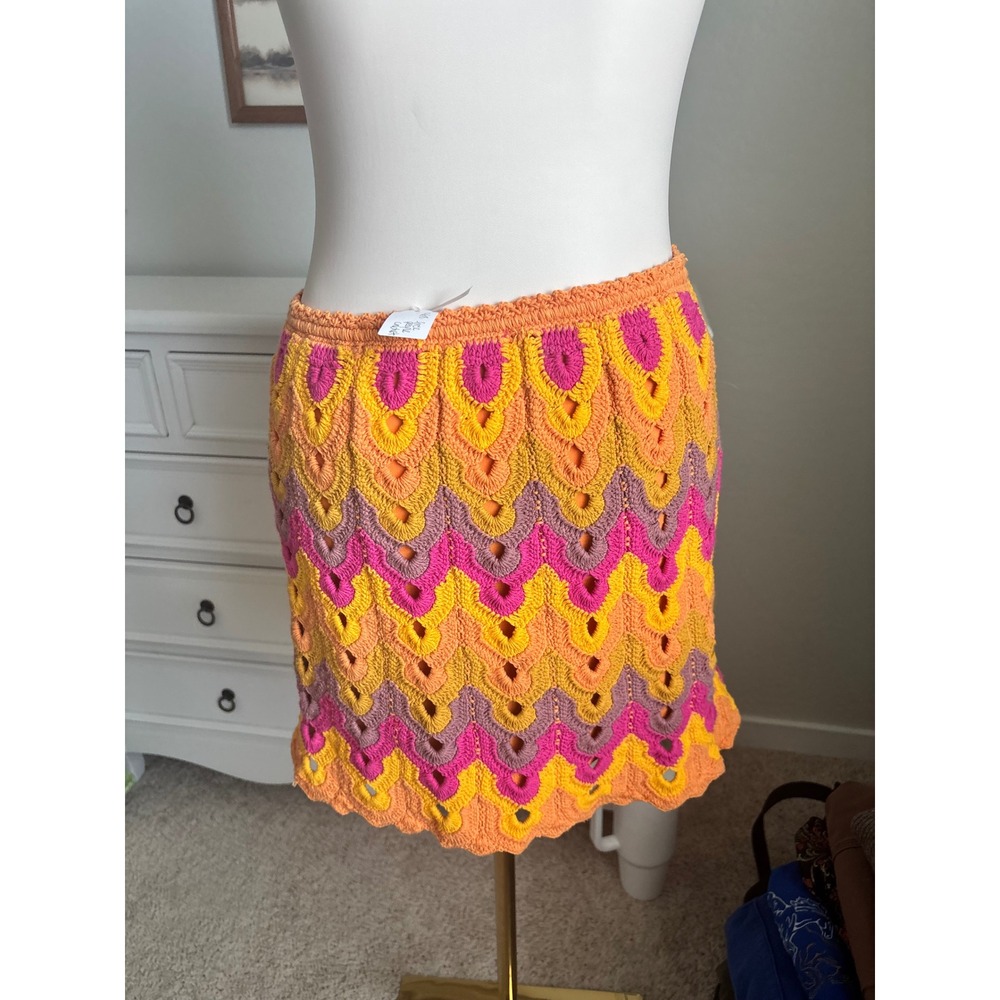 Free People Crochet Mini Skirt Womens Small Orange Excellent Boho Chevron